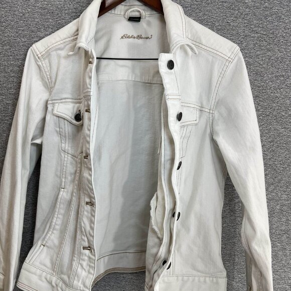 Eddie Bauer Jean Jacket Womens Size L White Button Up Cotton Blend Casual Denim - Picture 12 of 16